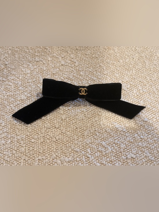 CHANEL Accessories - CHANEL Black Velvet Bow Hair Barrette with Gold CC Charm